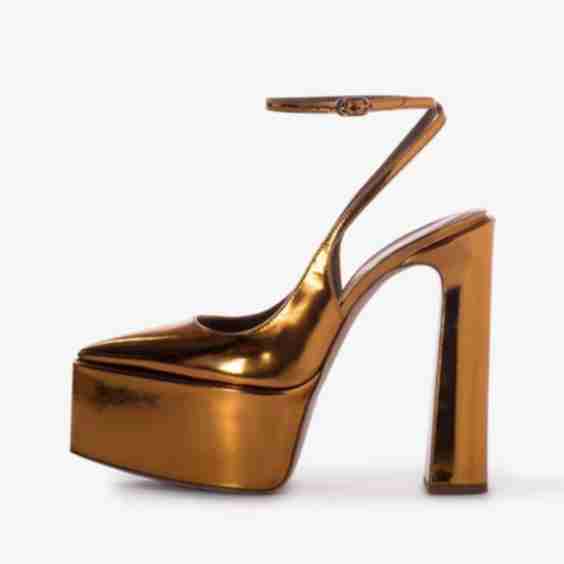 Marigold Metallic Vegan Leather Closed Pointed Toe Slingback Ankle Strappy Platform Pumps With Chunky Heels