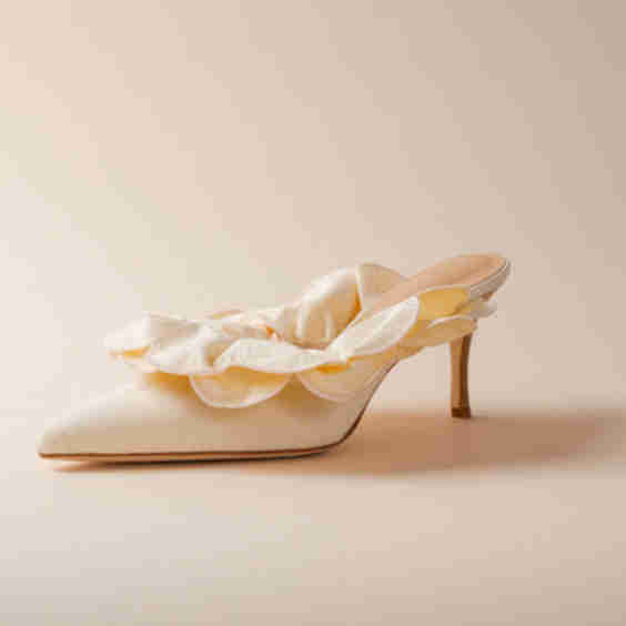 Satin Closed Pointed Toe Ruffled Mules with Kitten Heels