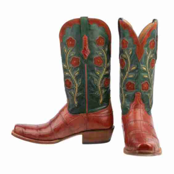 Square Toe Croco Embossed Floral Inlay Cowgirl Boots