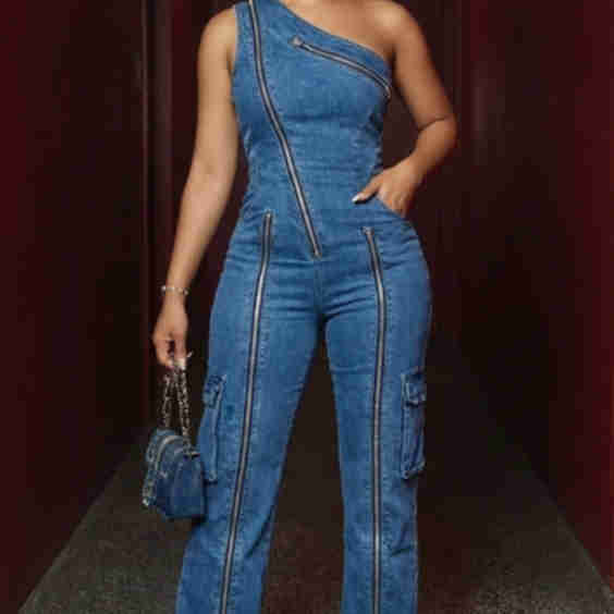 Denim One Shoulder Sleeveless Zipper Bodycon Casual Jumpsuit