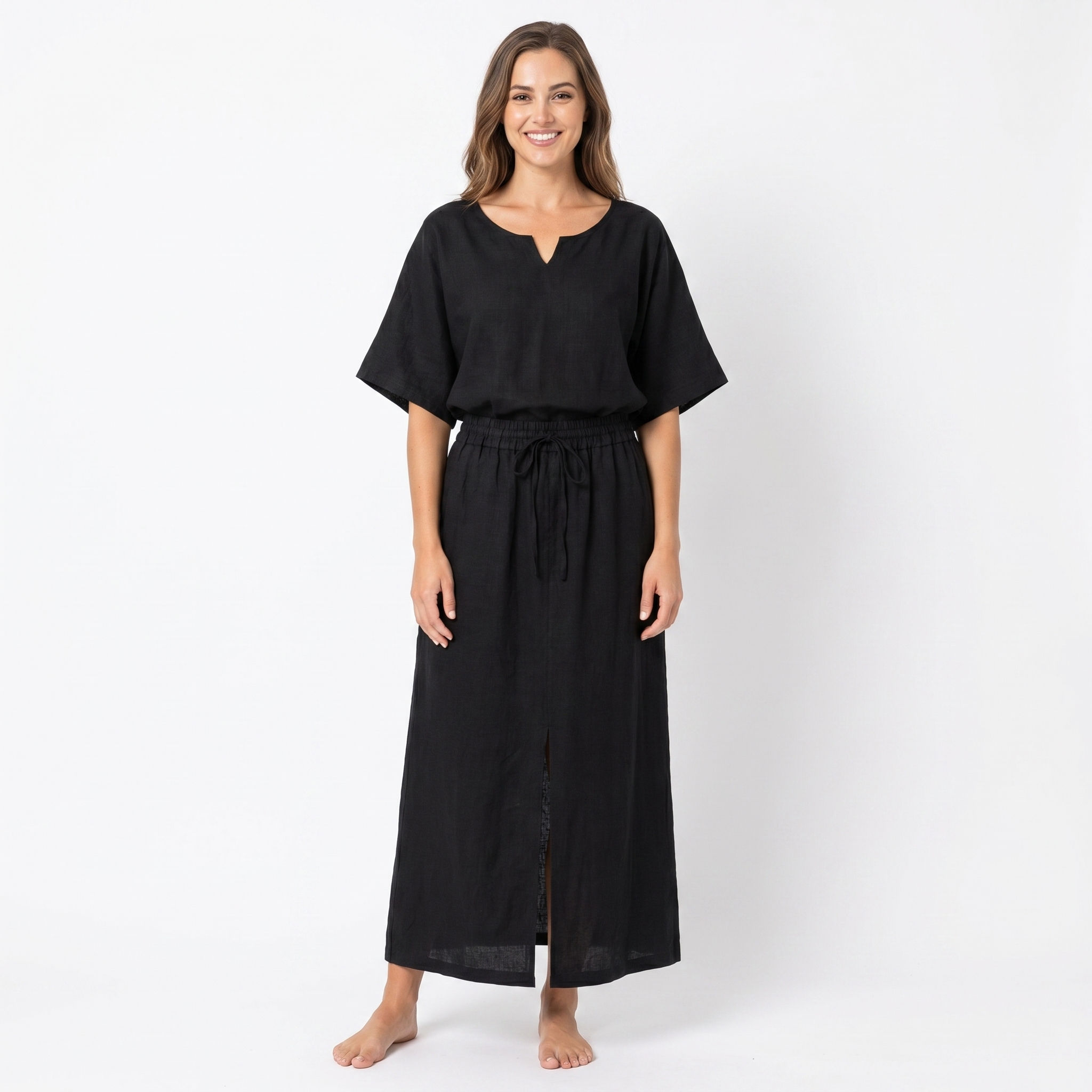 Linen Midi Dress - Drawstring Waist Notch Neck