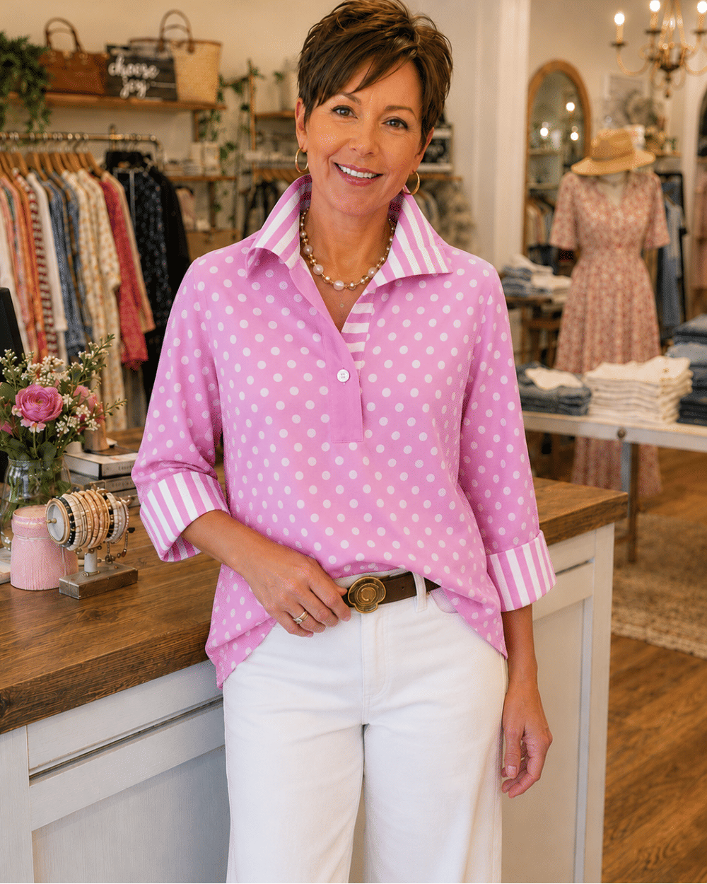 The Polka Dot Contrast-Stripe Blouse