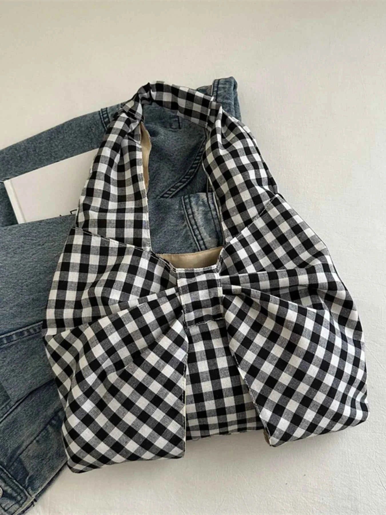 Ruched Gingham Bow Shoulder Bag