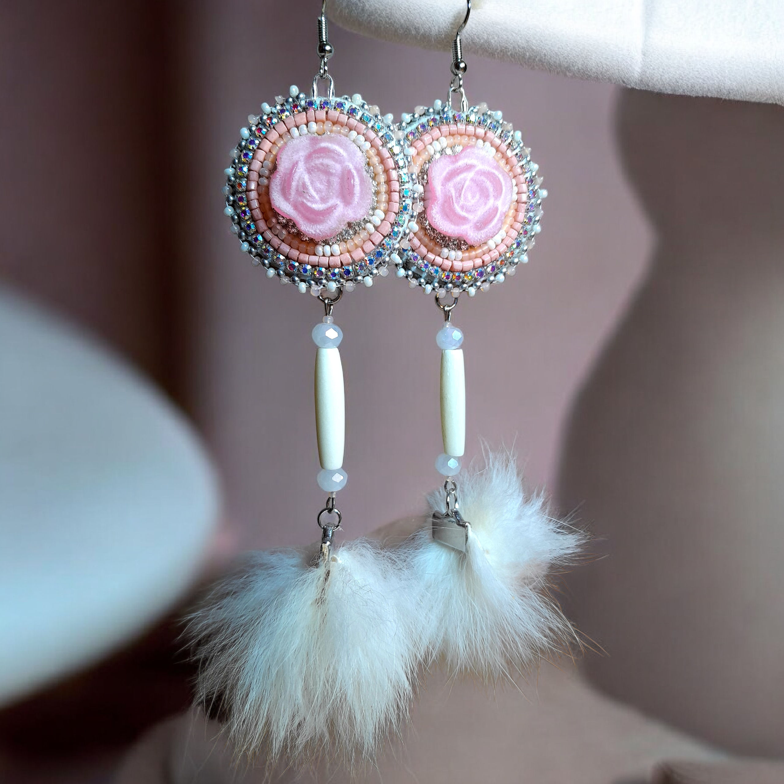 Rose Bunny Earrings Real Rabbit Fur