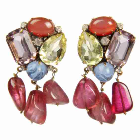 Vintage Glass Stones And Rhinestone Dangle Earrings
