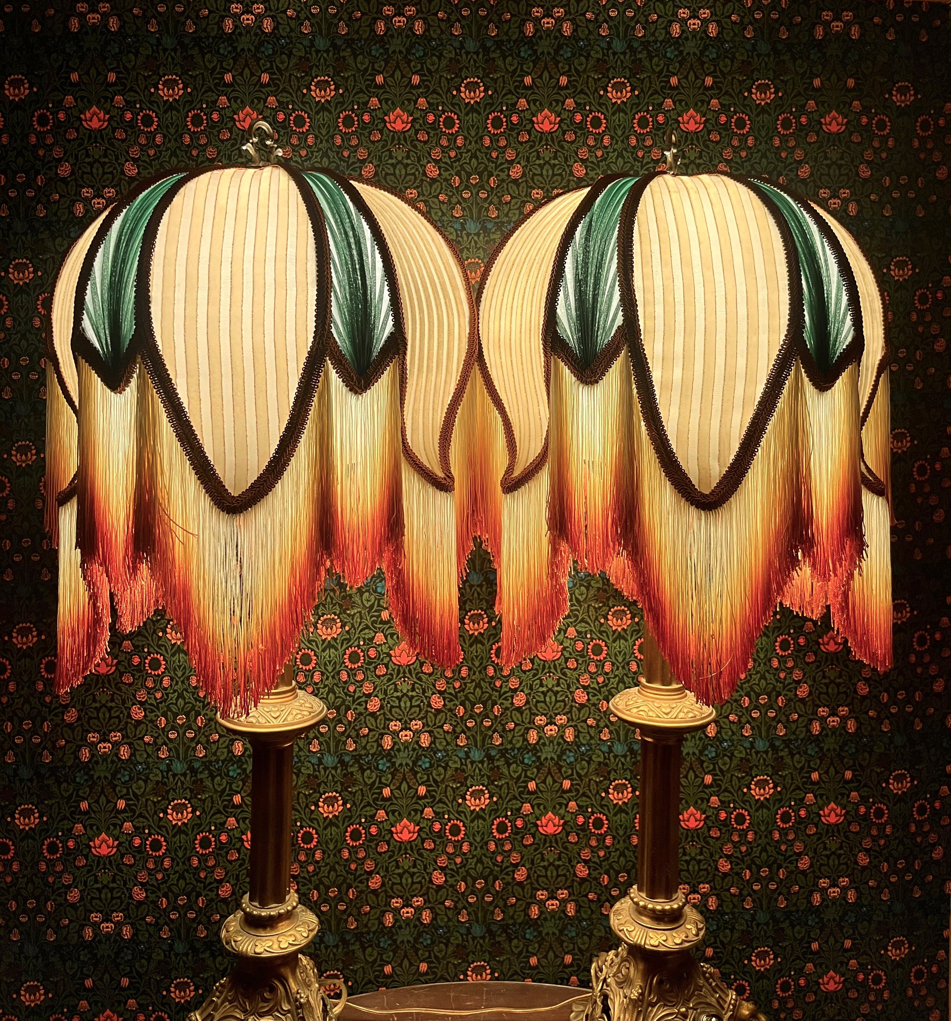 Cream Rust Sea Green Striped Lampshade Pair