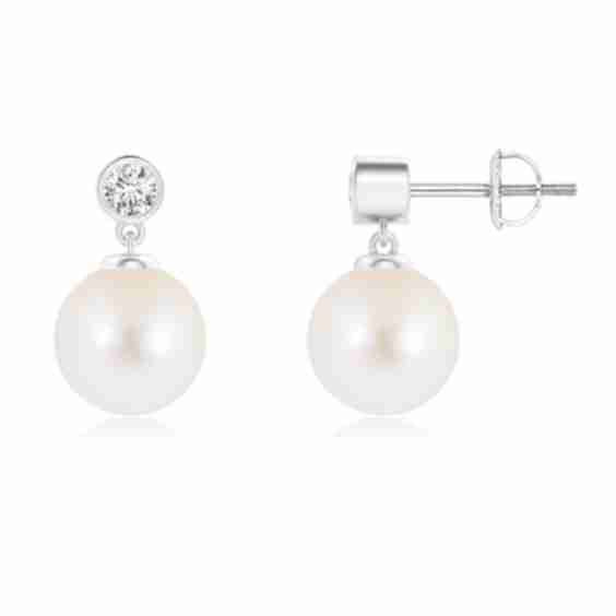 Freshwater Pearl Drop Earrings with Bezel Diamond