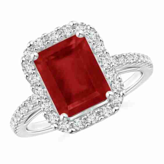 Prong Set Emerald Cut Ruby Halo Ring