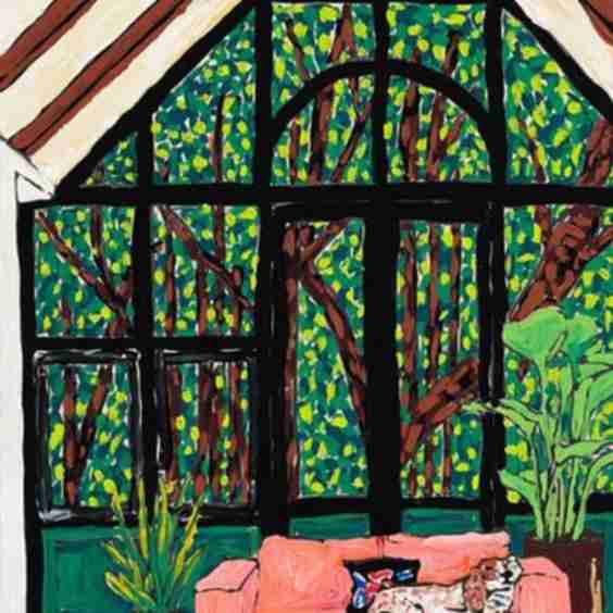 Springer Spaniel Dog Napping on Pink Sofa in Emerald Green Treehouse Room Wall Art