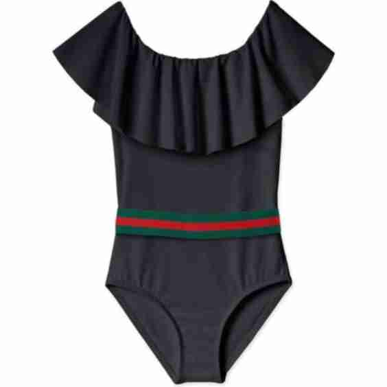 Ruffle Neck Line Swimsuit With Belt, Black