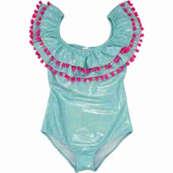 Sissi One Pieve Swimwear with Two Layers of Pompom Aqua