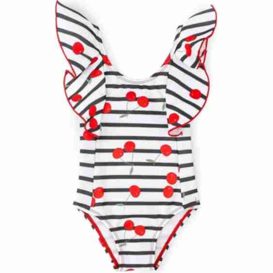 uli Cherry Top Print Ruffle Shoulder V-Back One-Piece Swimsuit