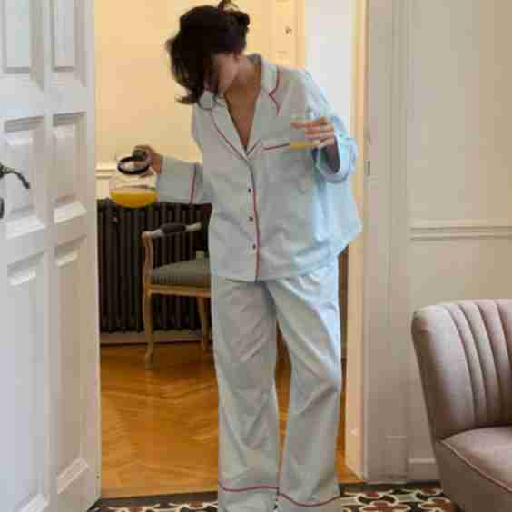 Blue Satin Pajamas Decorated with Red Piping