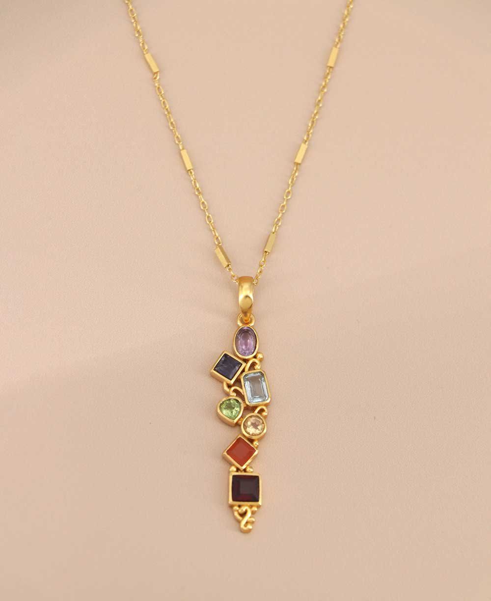 Mixed Geometry Chakra Gemstones Rainbow Gold Plated Necklace