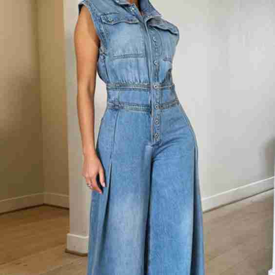 Denim Buttoned Wide Leg Jumpsuit