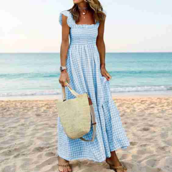 Gingham Smocked Maxi Dress Square Neck Summer