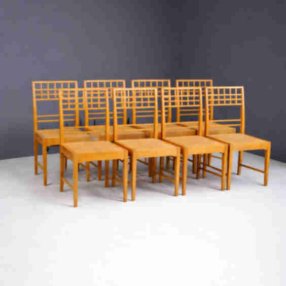 Ebony & Mother of Pearl Inlay, 8 Chairs in Ash, Swedish Modern