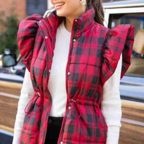 Plaid Ruffle Puffer Vest