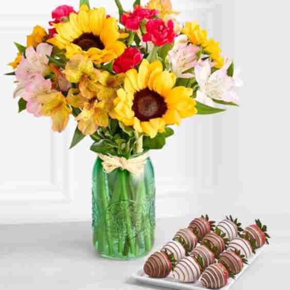 Warm Sunset Bouquet with Gourmet Drizzled Strawberries