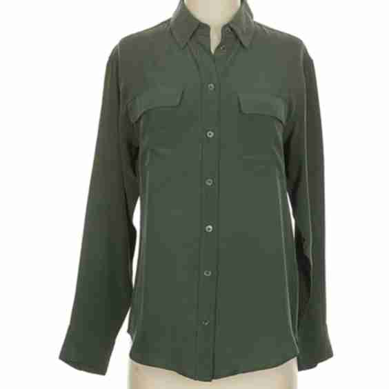 100% Silk Green Long Sleeve Silk Top Size Xs