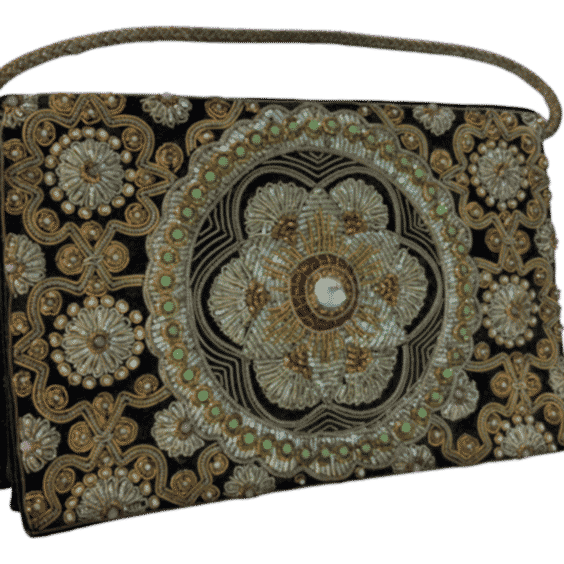 Black Velvet and Silk Embroidered 1960s Zardozi Zari Gemstone Clutch