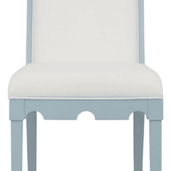 Lanister Light Blue Lacquer Square Back Dining Chair With White Performance Linen Upholstery