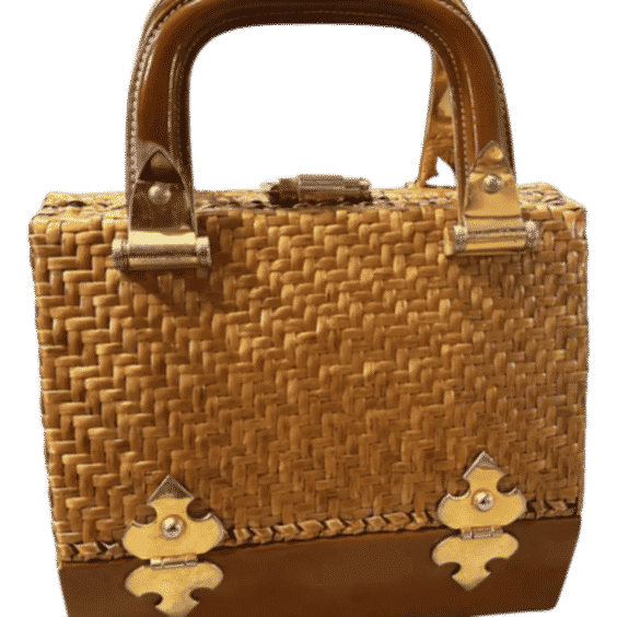 1960s Woven Wicker Leather And Brass Top Handle Bag