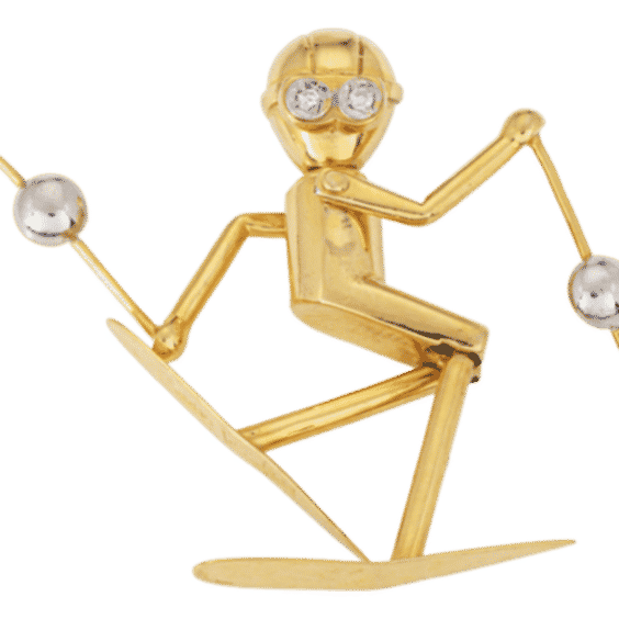 Vintage Skier Pendant Articulated Diamond Eyes 14 K Gold Charm Jewelry
