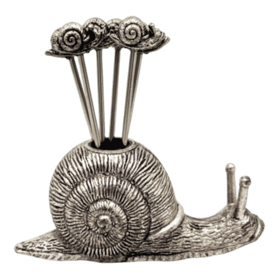 Vintage French Silver -Tone Snail Appetizer Pick Holder With Six Matching Picks