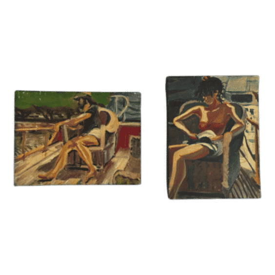 Pair Of Small Vintage Expressionist Figurative Paintings Oil On Canvas