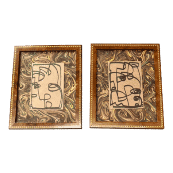 Contemporary 2 Original Wayne Cunningham Abstract Marker Drawings Vintage Inlaid Wood Tabletop Frames-a Pair