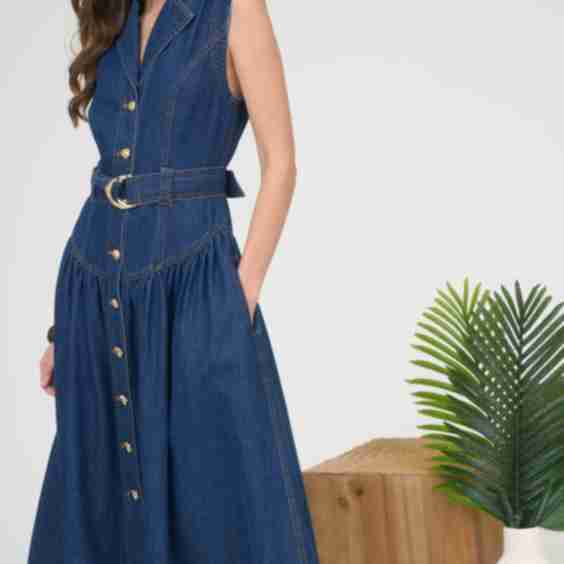Sleeveless Collared Denim Midi Dress