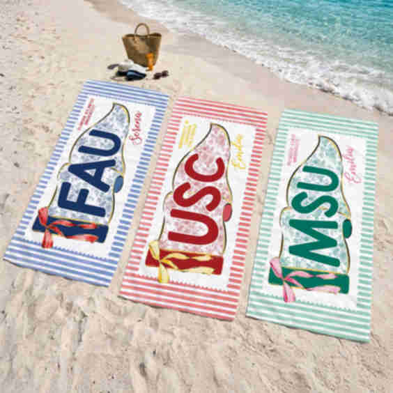 Personalized School Spirit Beach Towel: Coquette College Pennant Flag Towel, Grandmillennial Striped Towel, Sorority Graduation Gift