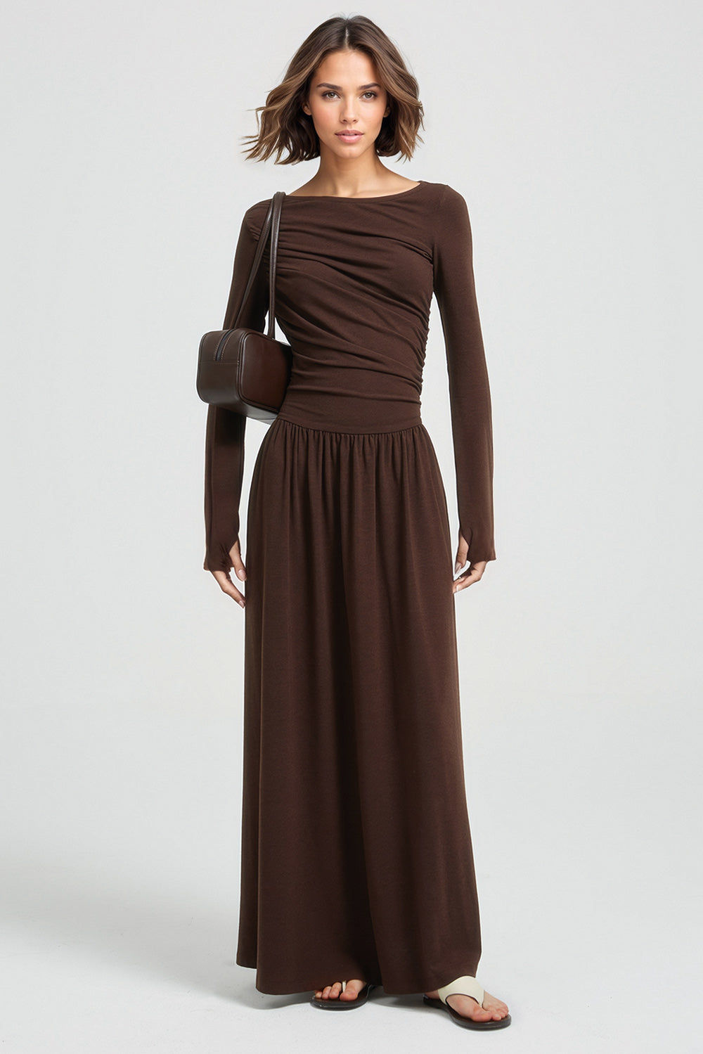 Ruched Midi Dress with Boat Neckline