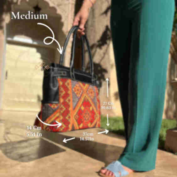 Artisan Leather Handbag Luxe Red Orange Kilim Shoulder Bag