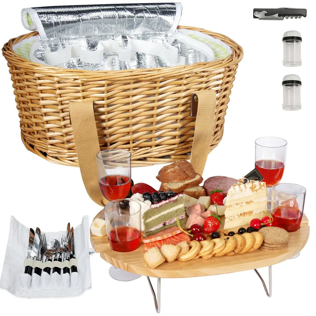 Insulated Wicker Picnic Basket with Table and Utensil Set for Four
