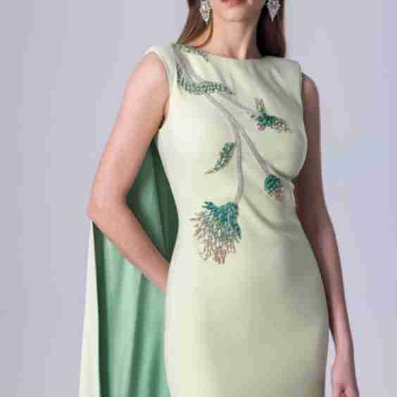 Elegant Maxi Dress with Satin Lined Cape and Exquisite Crystal Beadwork Detail