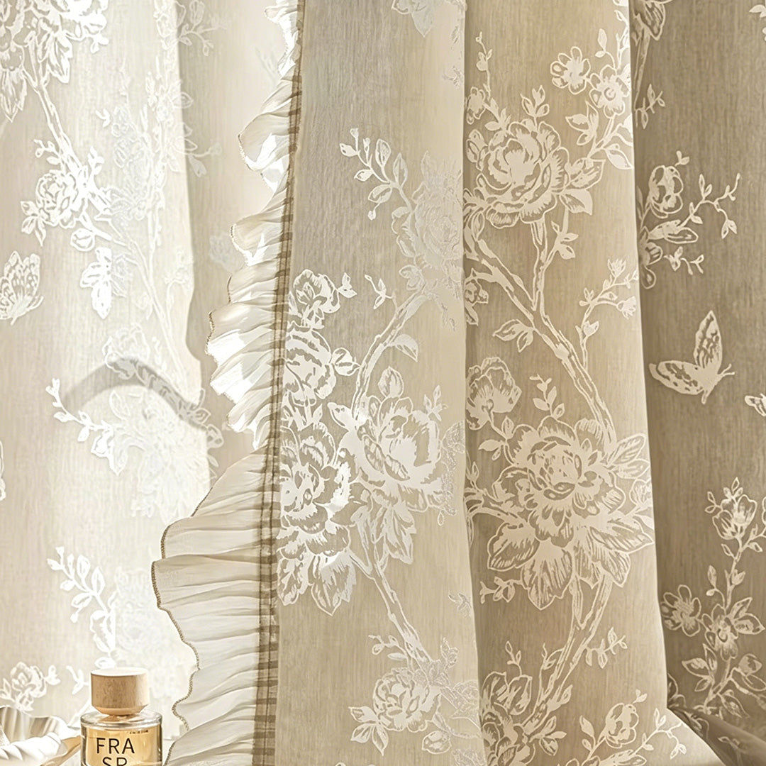 Floral Cutout Sheer Curtains – French Romantic Rose Pattern, Light Filtering Shadow Effect