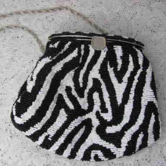 Vintage Beaded Evening Bag: Zebra Print Clutch Purse