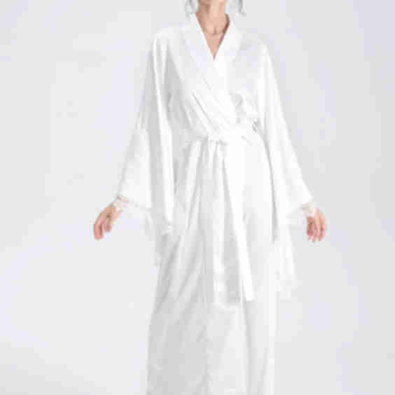 Long Bridal Robe with Lace Trim & Wide Sleeve