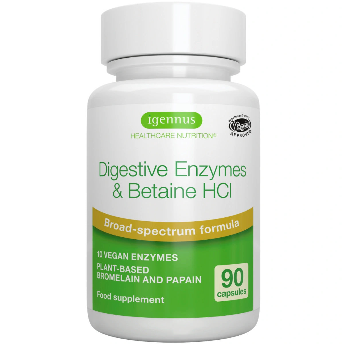 Digestive Enzymes Betaine Hcl Broad Spectrum Enzymes With Protease Lipase Lactase Plant Based Papain Bromelain 90 Capsules