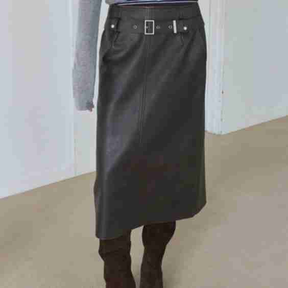 Belted Leather Midi Skirt