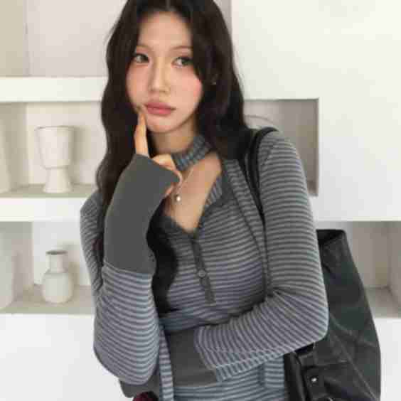 Button Stripe L/S Tee With Muffler Khaki