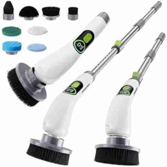 Cordless Electric Spin Scrubber with Long Adjustable Handle & 3-Speed, 8 Replaceable Brush Heads