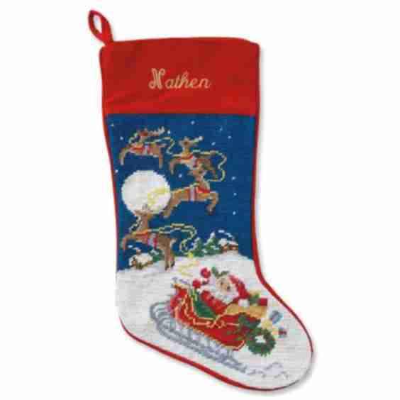 Sleigh Reindeer Heirloom Needlepoint Personalized Christmas Stocking