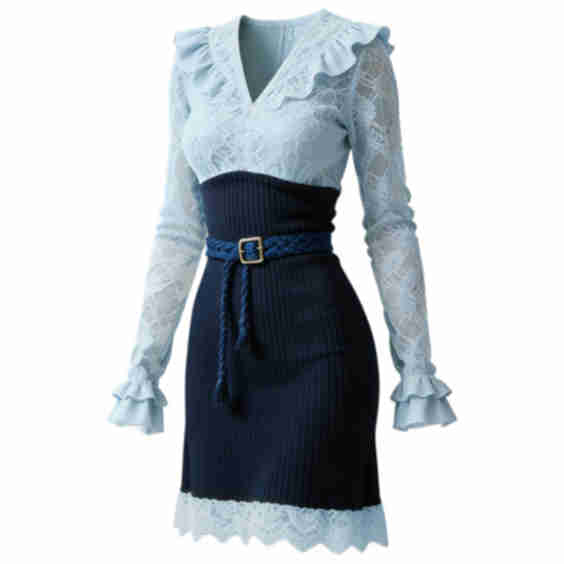 Vintage Elegant Lace Ribbed V-Neck Midi Dress