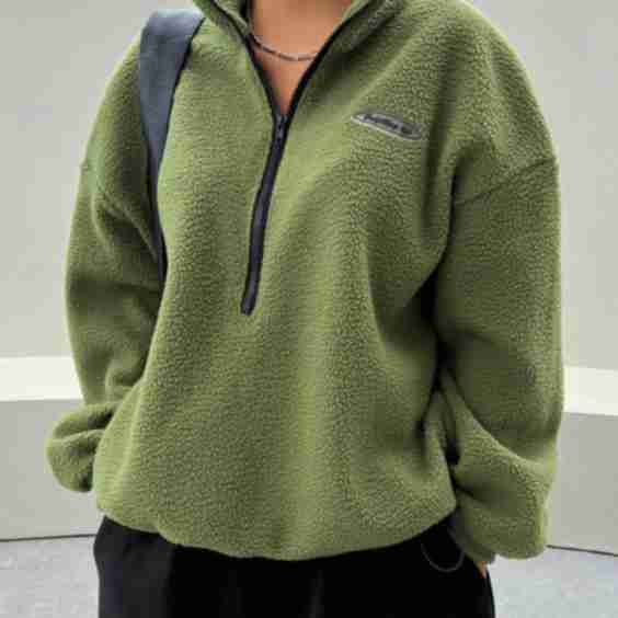 Patched Detail Drop Shoulder Half Zip Fleece Sweatshirt