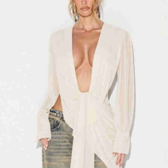 Mesh Cowl Neck Drape Detail Blouse