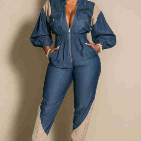 Bishop Sleeve Contrast Denim Zip-Up Tapered Leg Jumpsuit