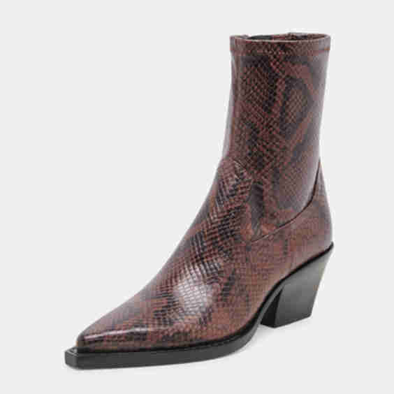 Snake Embossed Pointed Toe Chunky Heel Ankle Boots